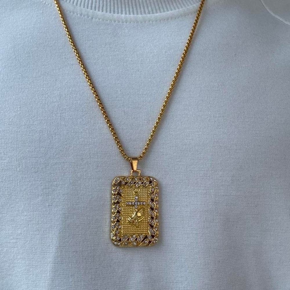 Gold Praying Hands Cross Rectangular Pendant Necklace Mens 24 Inch Chain